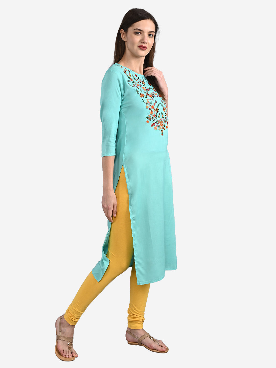 Rayon Embroidered Straight 3/4 Sleeve Round Neck Kurta