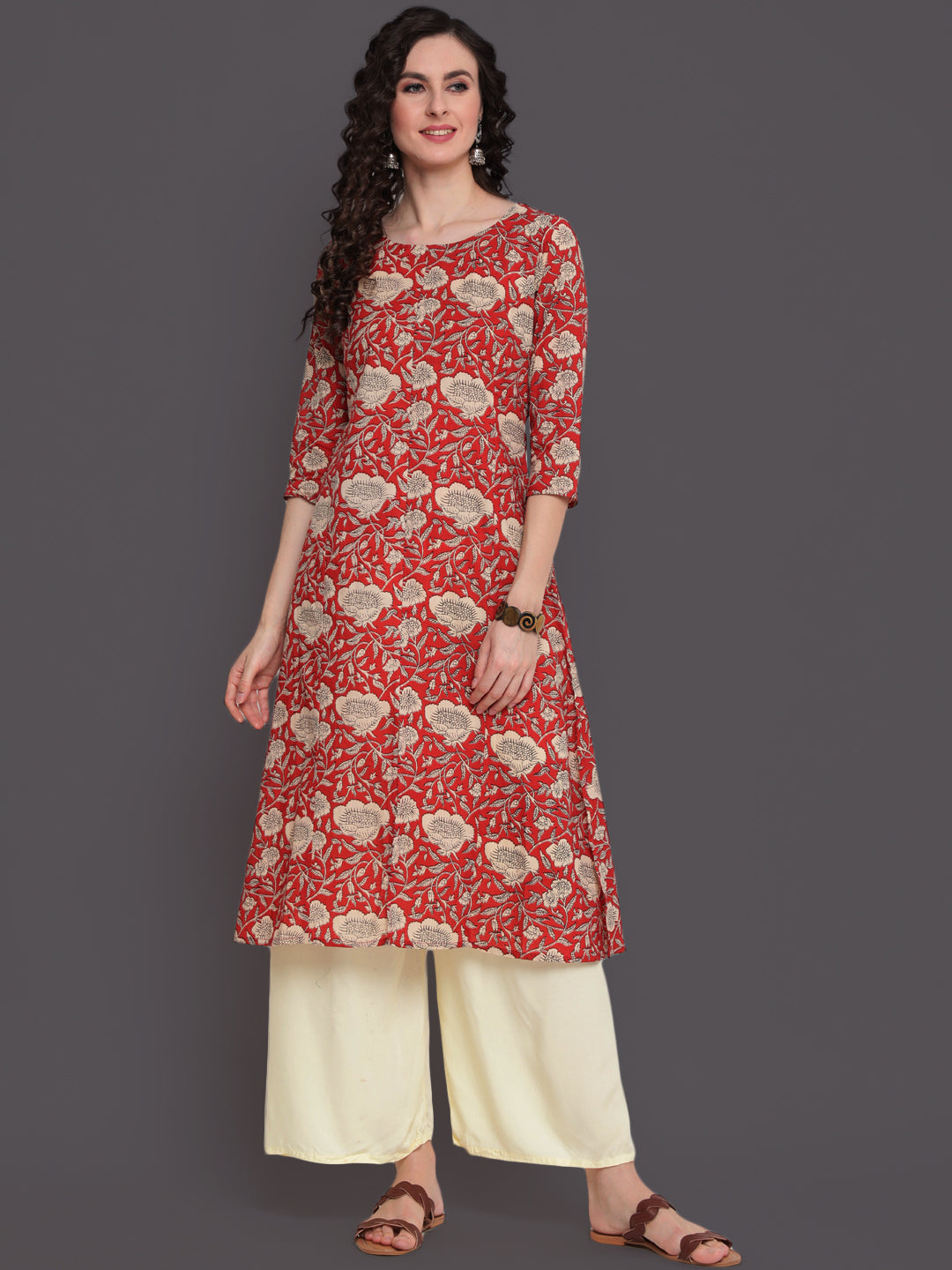 Cotton Calf Length Straight 3/4 Sleeve Round Neck Printed Kurta