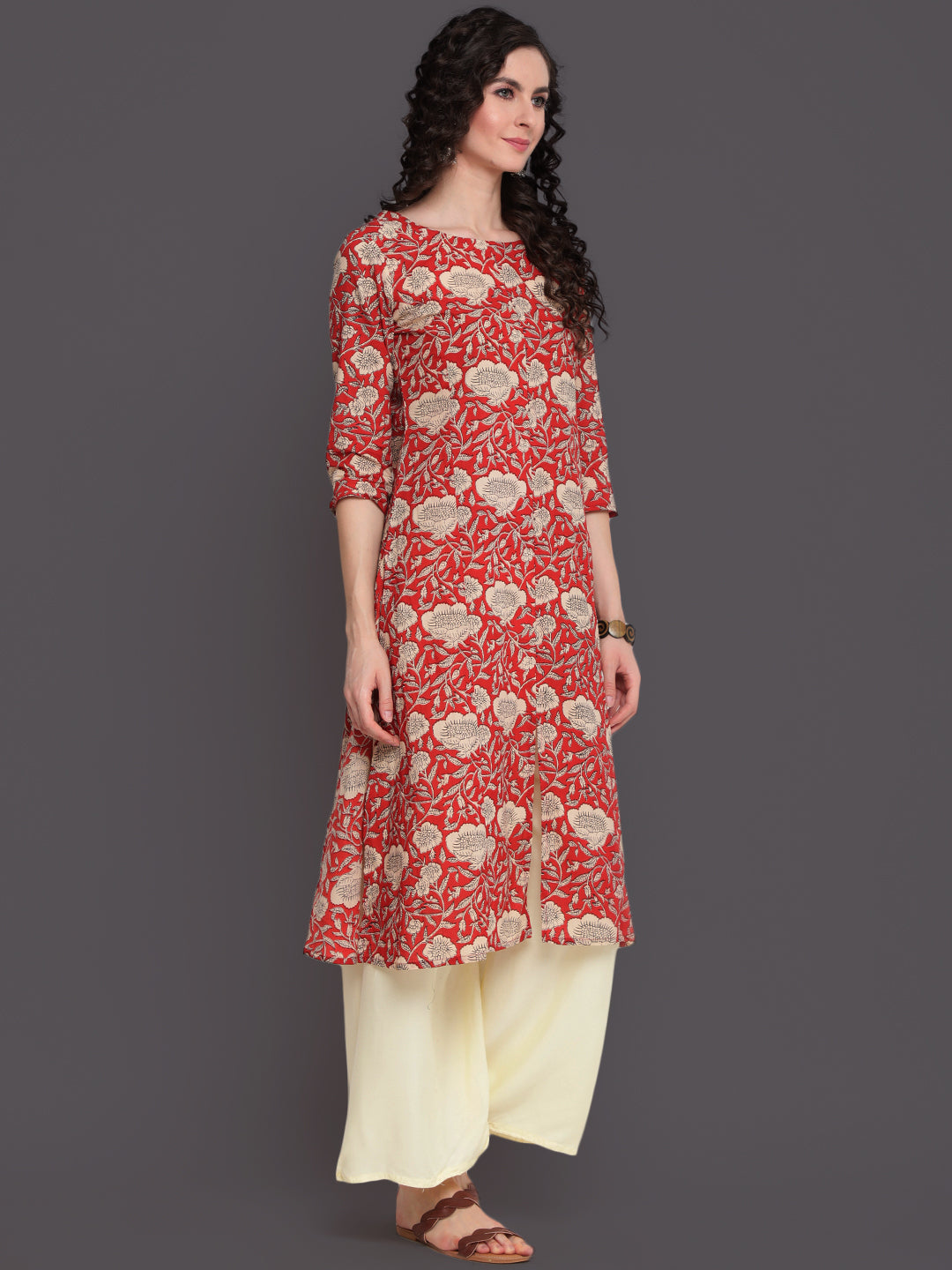 Cotton Calf Length Straight 3/4 Sleeve Round Neck Printed Kurta