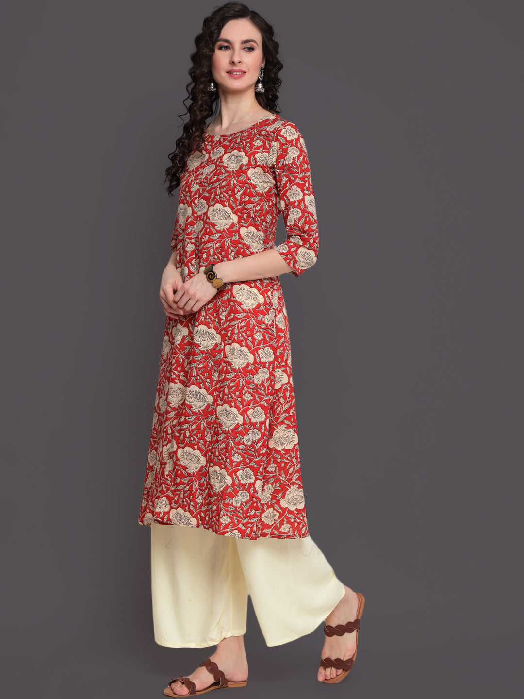 Cotton Calf Length Straight 3/4 Sleeve Round Neck Printed Kurta