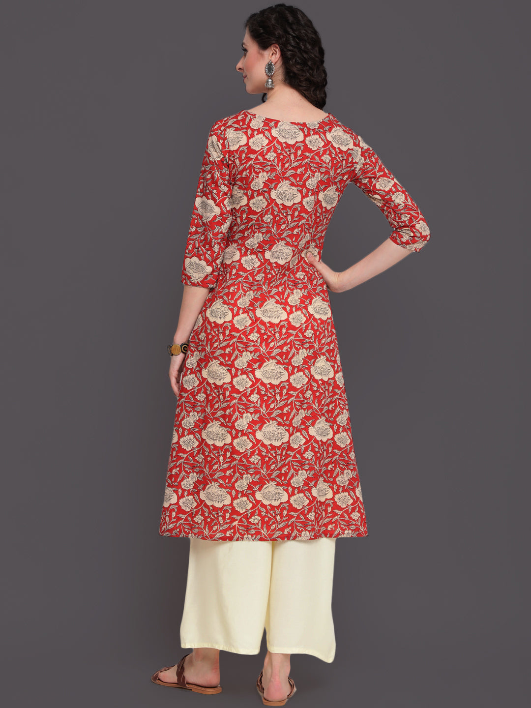 Cotton Calf Length Straight 3/4 Sleeve Round Neck Printed Kurta