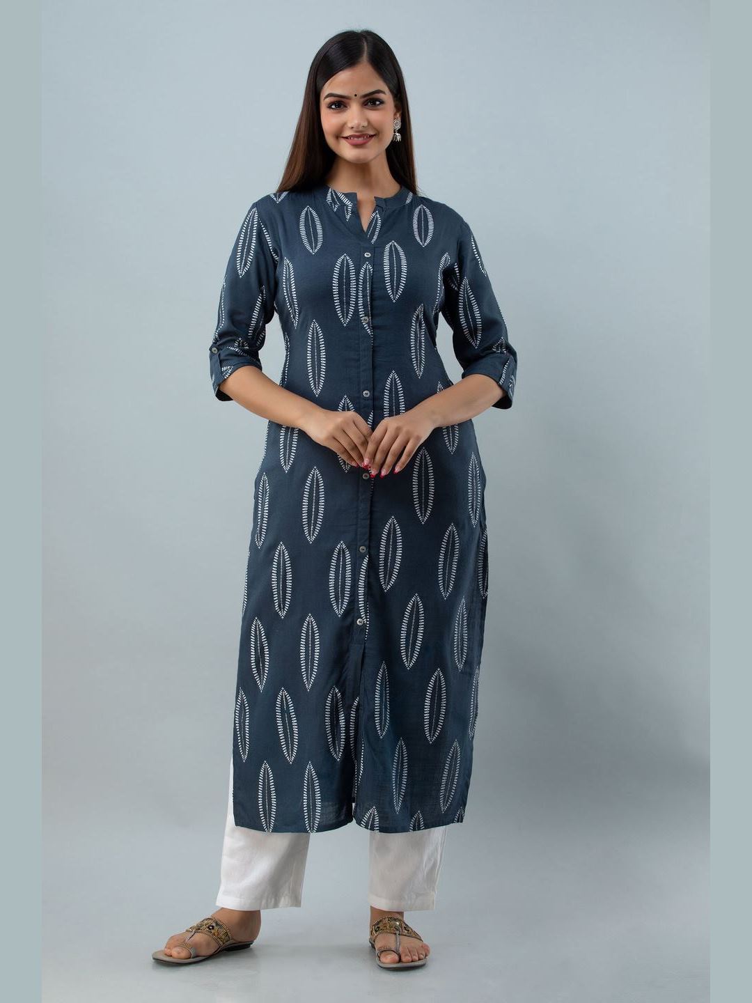 Printed Rayon Collor Neck 3/4 Sleeve Straight Calf Kurta