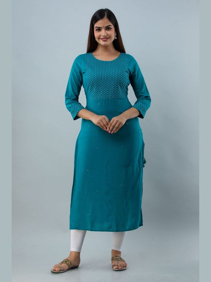 Embroidered Rayon Round Neck 3/4 Sleeve Straight Calf Kurta