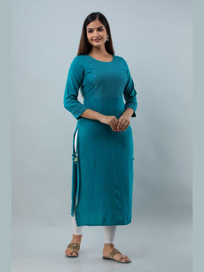 Embroidered Rayon Round Neck 3/4 Sleeve Straight Calf Kurta