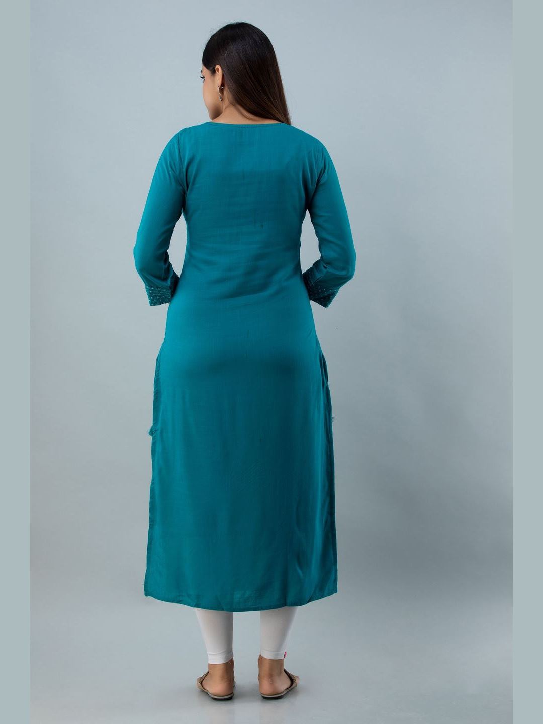 Embroidered Rayon Round Neck 3/4 Sleeve Straight Calf Kurta