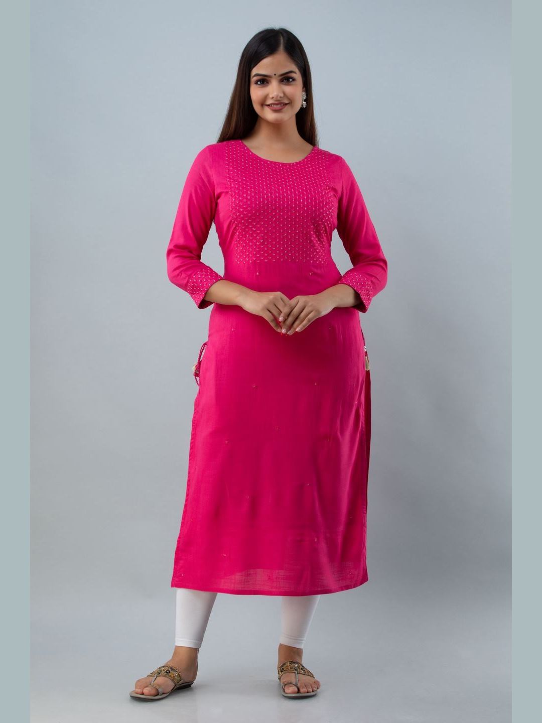 Embroidered Rayon Round Neck 3/4 Sleeve Straight Calf Kurta