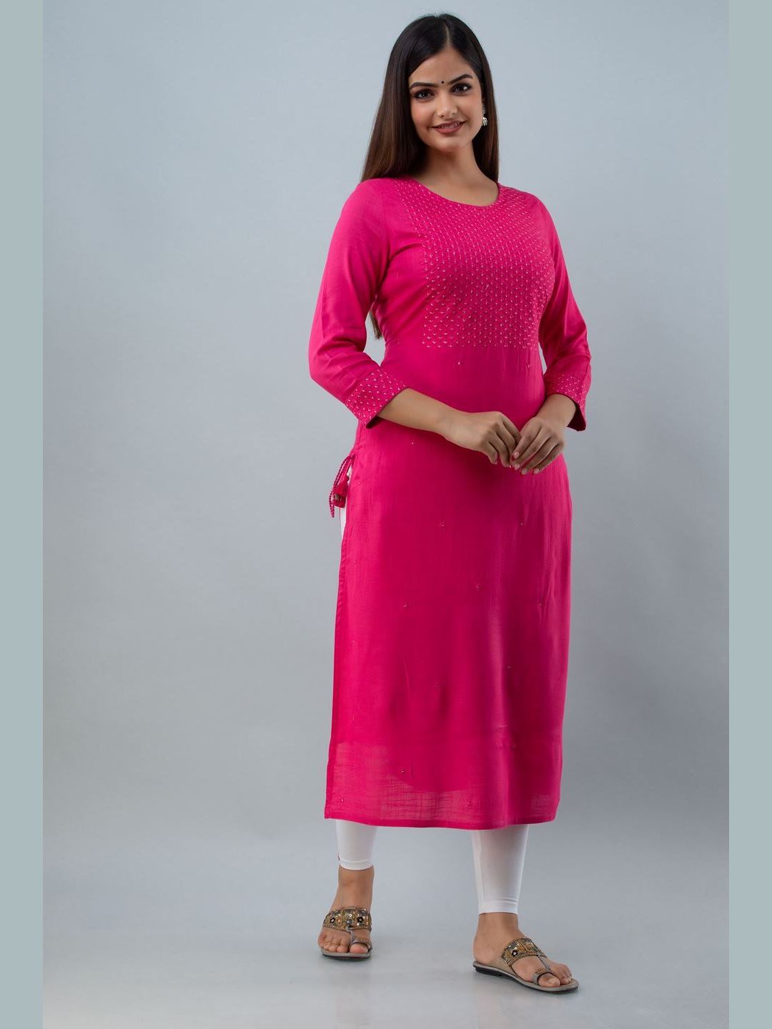 Embroidered Rayon Round Neck 3/4 Sleeve Straight Calf Kurta