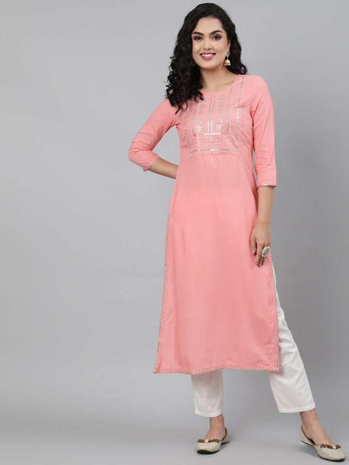 Rayon Peach Calf Length Straight 3/4 Sleeve Round Neck Embroidered Kurta