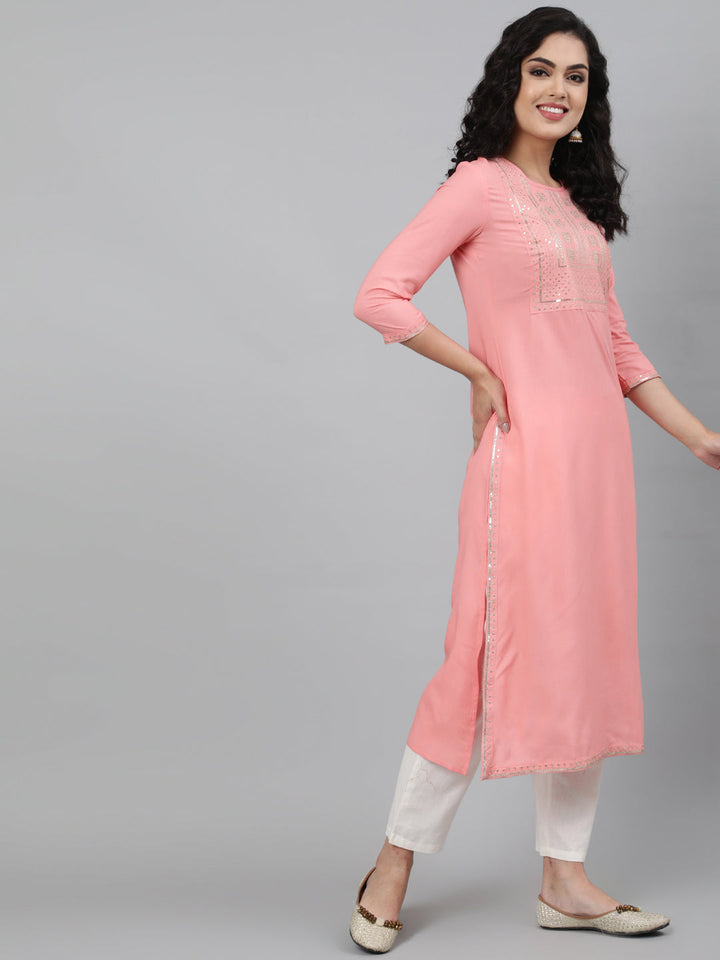 Rayon Peach Calf Length Straight 3/4 Sleeve Round Neck Embroidered Kurta