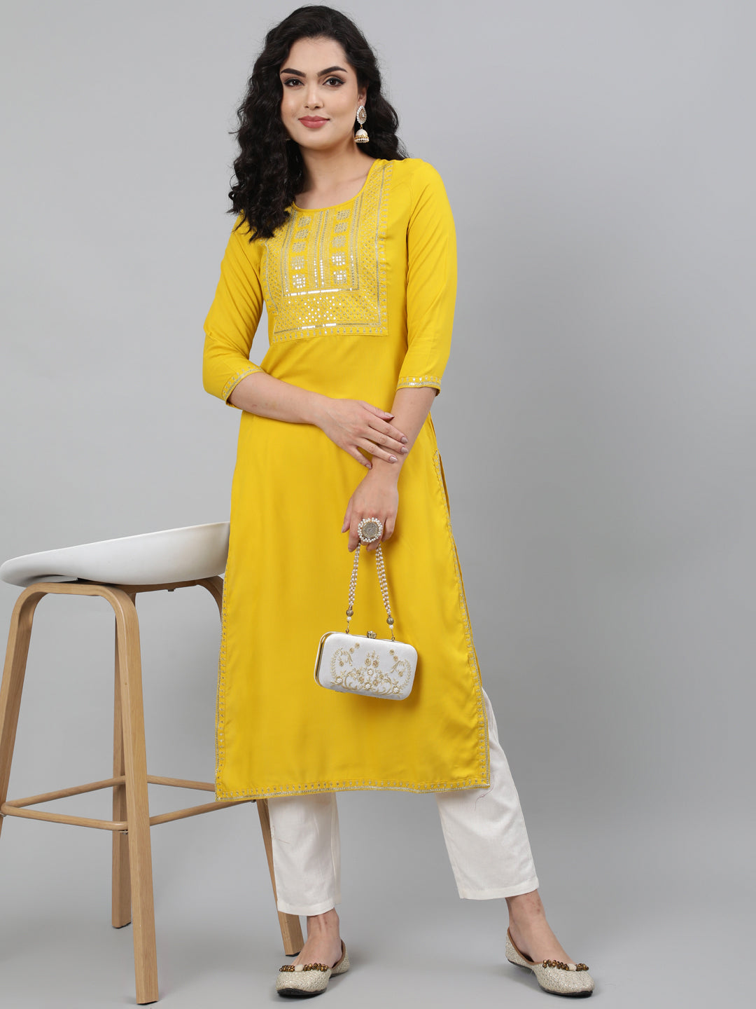 Rayon Mustard Calf Length Straight 3/4 Sleeve Round Neck Embroidered Kurta