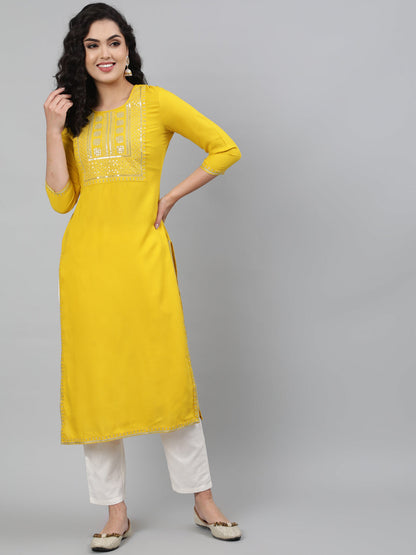 Rayon Mustard Calf Length Straight 3/4 Sleeve Round Neck Embroidered Kurta