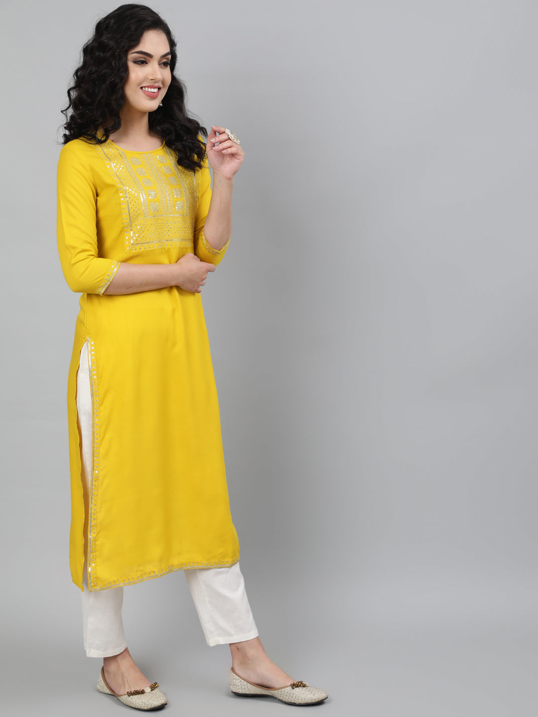 Rayon Mustard Calf Length Straight 3/4 Sleeve Round Neck Embroidered Kurta