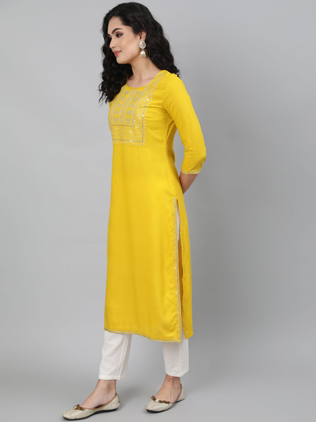 Rayon Mustard Calf Length Straight 3/4 Sleeve Round Neck Embroidered Kurta