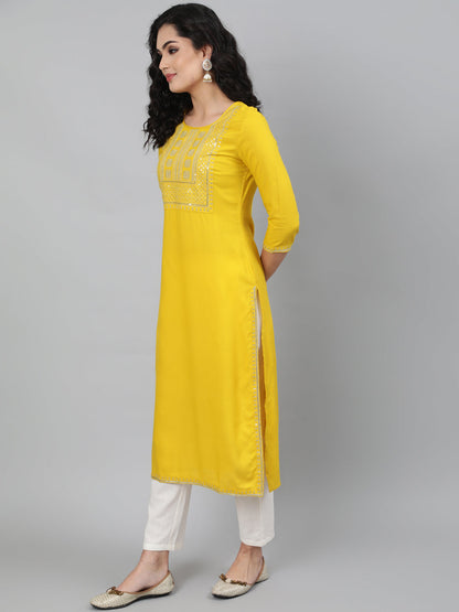 Rayon Mustard Calf Length Straight 3/4 Sleeve Round Neck Embroidered Kurta