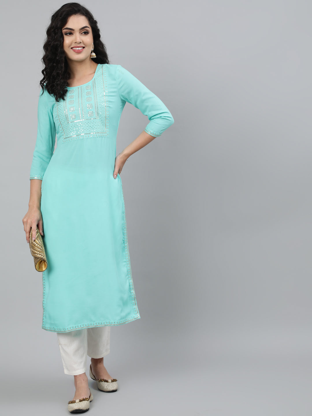 Rayon Light Sea Green Calf Length Straight 3/4 Sleeve Round Neck Embroidered Kurta