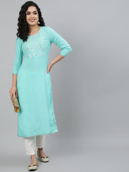 Rayon Light Sea Green Calf Length Straight 3/4 Sleeve Round Neck Embroidered Kurta