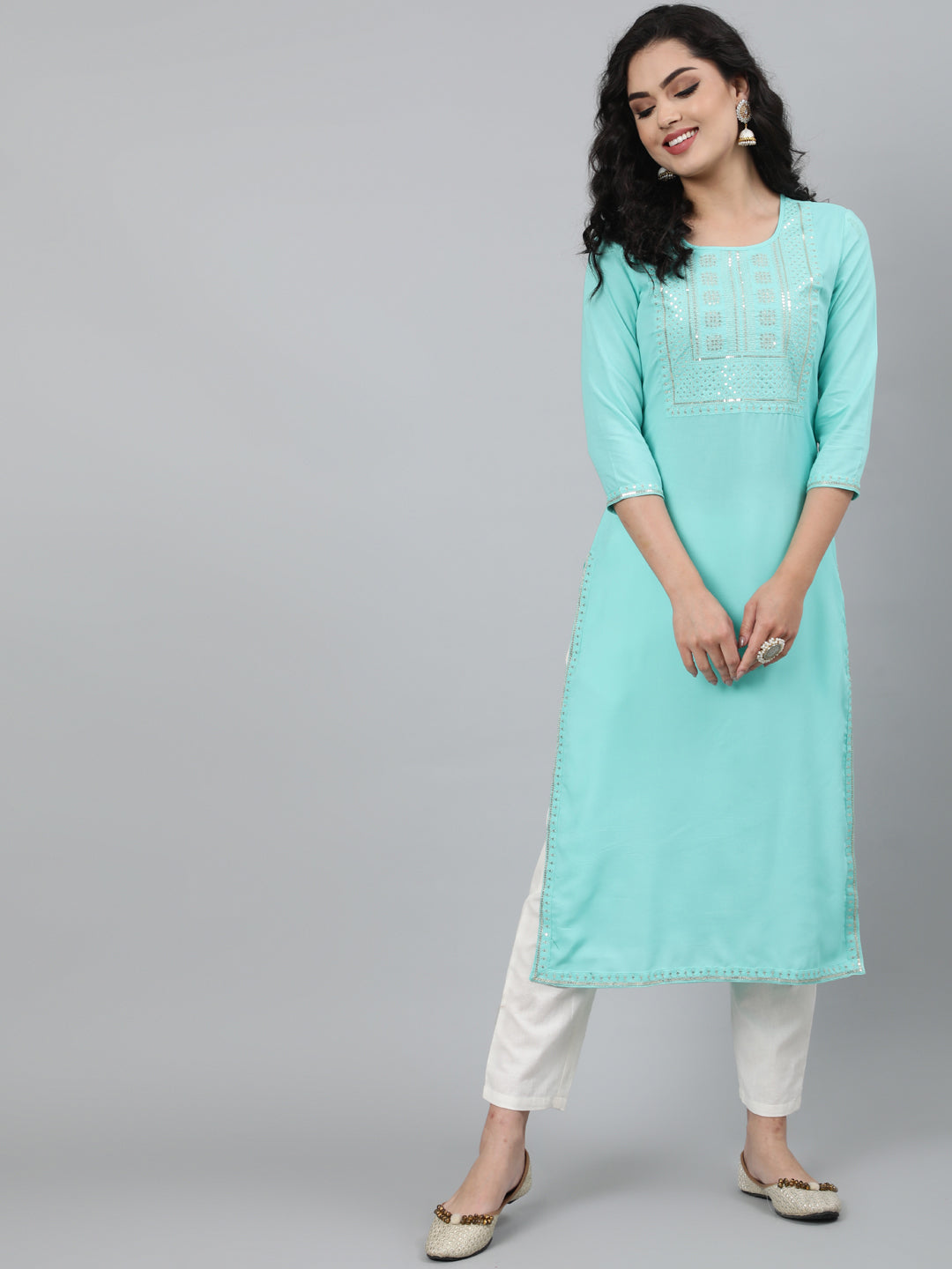 Rayon Light Sea Green Calf Length Straight 3/4 Sleeve Round Neck Embroidered Kurta