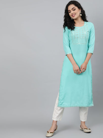 Rayon Light Sea Green Calf Length Straight 3/4 Sleeve Round Neck Embroidered Kurta