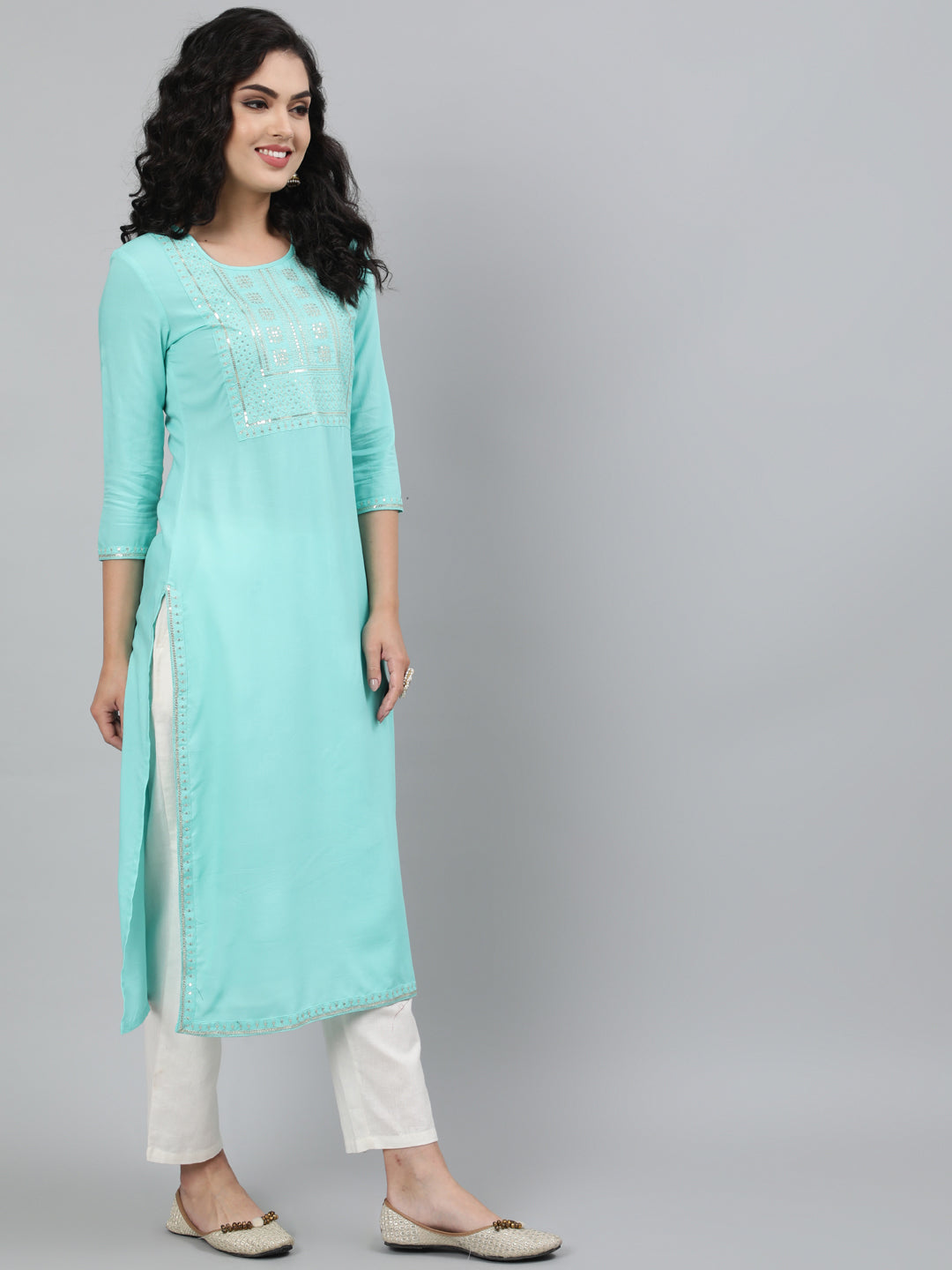 Rayon Light Sea Green Calf Length Straight 3/4 Sleeve Round Neck Embroidered Kurta