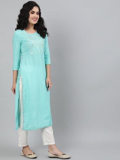 Rayon Light Sea Green Calf Length Straight 3/4 Sleeve Round Neck Embroidered Kurta