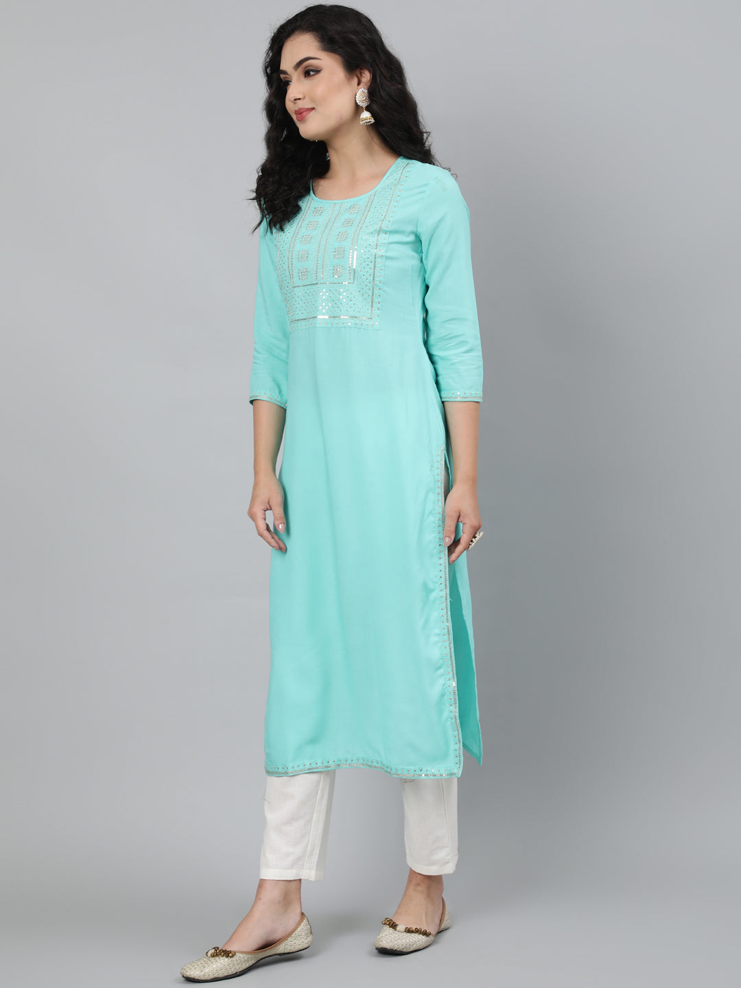 Rayon Light Sea Green Calf Length Straight 3/4 Sleeve Round Neck Embroidered Kurta