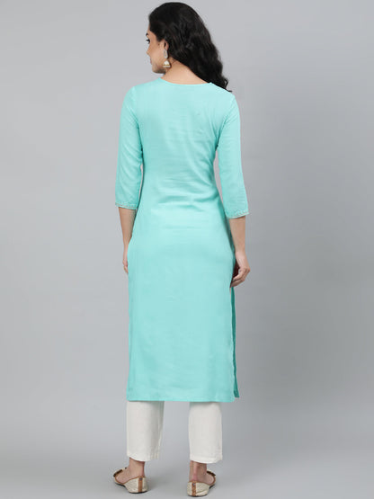 Rayon Light Sea Green Calf Length Straight 3/4 Sleeve Round Neck Embroidered Kurta