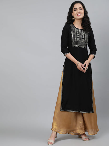 Rayon Black Calf Length Straight 3/4 Sleeve Round Neck Embroidered Kurta