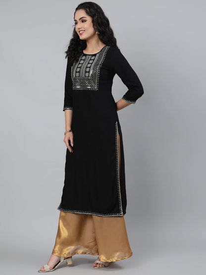 Rayon Black Calf Length Straight 3/4 Sleeve Round Neck Embroidered Kurta