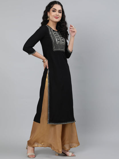 Rayon Black Calf Length Straight 3/4 Sleeve Round Neck Embroidered Kurta