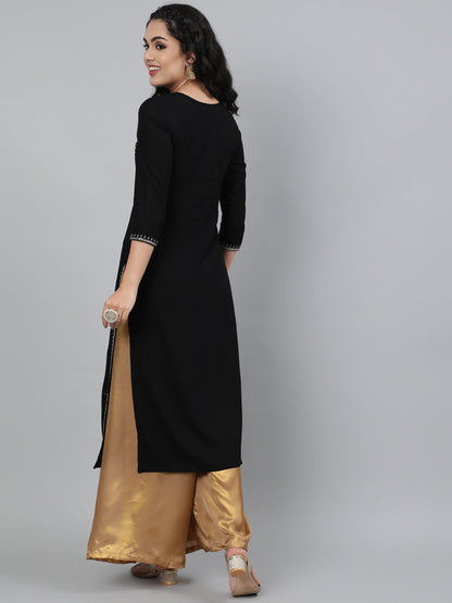 Rayon Black Calf Length Straight 3/4 Sleeve Round Neck Embroidered Kurta