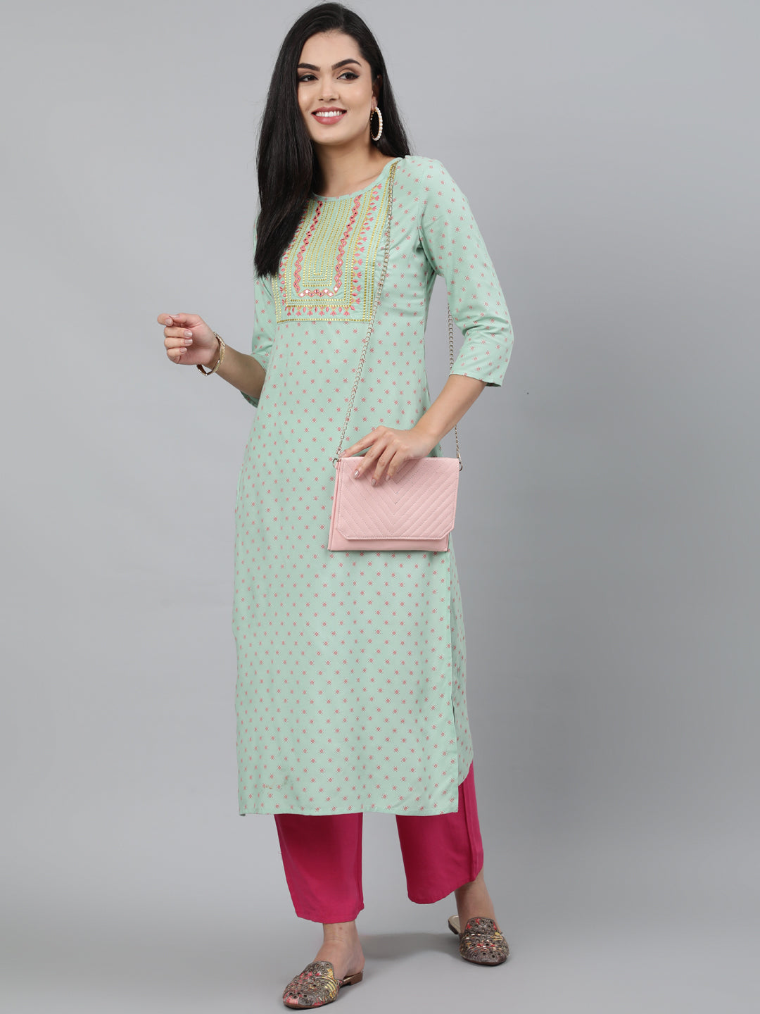 Rayon Olive Green Calf Length Straight 3/4 Sleeve Round Neck Embroidered Kurta