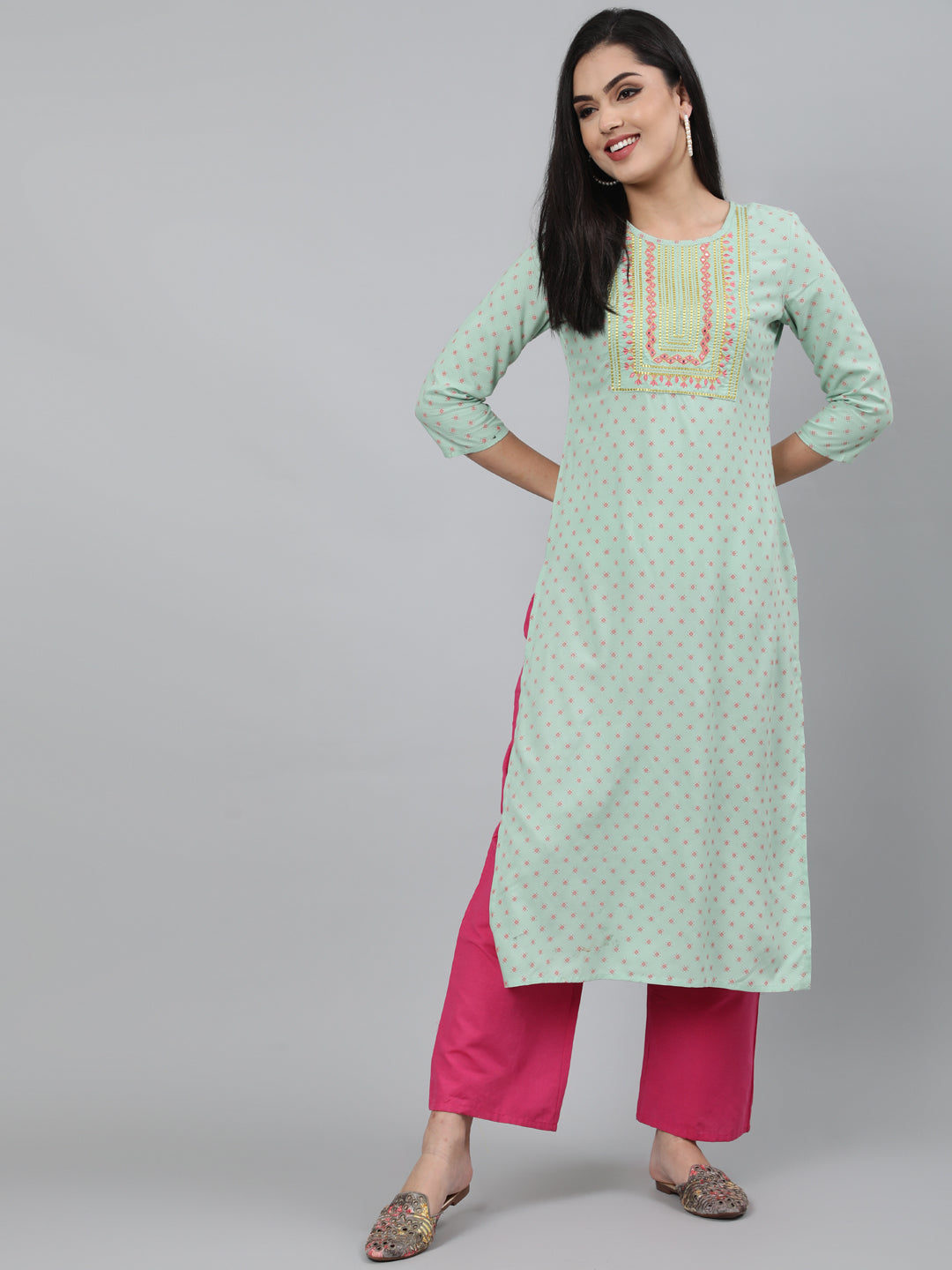 Rayon Olive Green Calf Length Straight 3/4 Sleeve Round Neck Embroidered Kurta