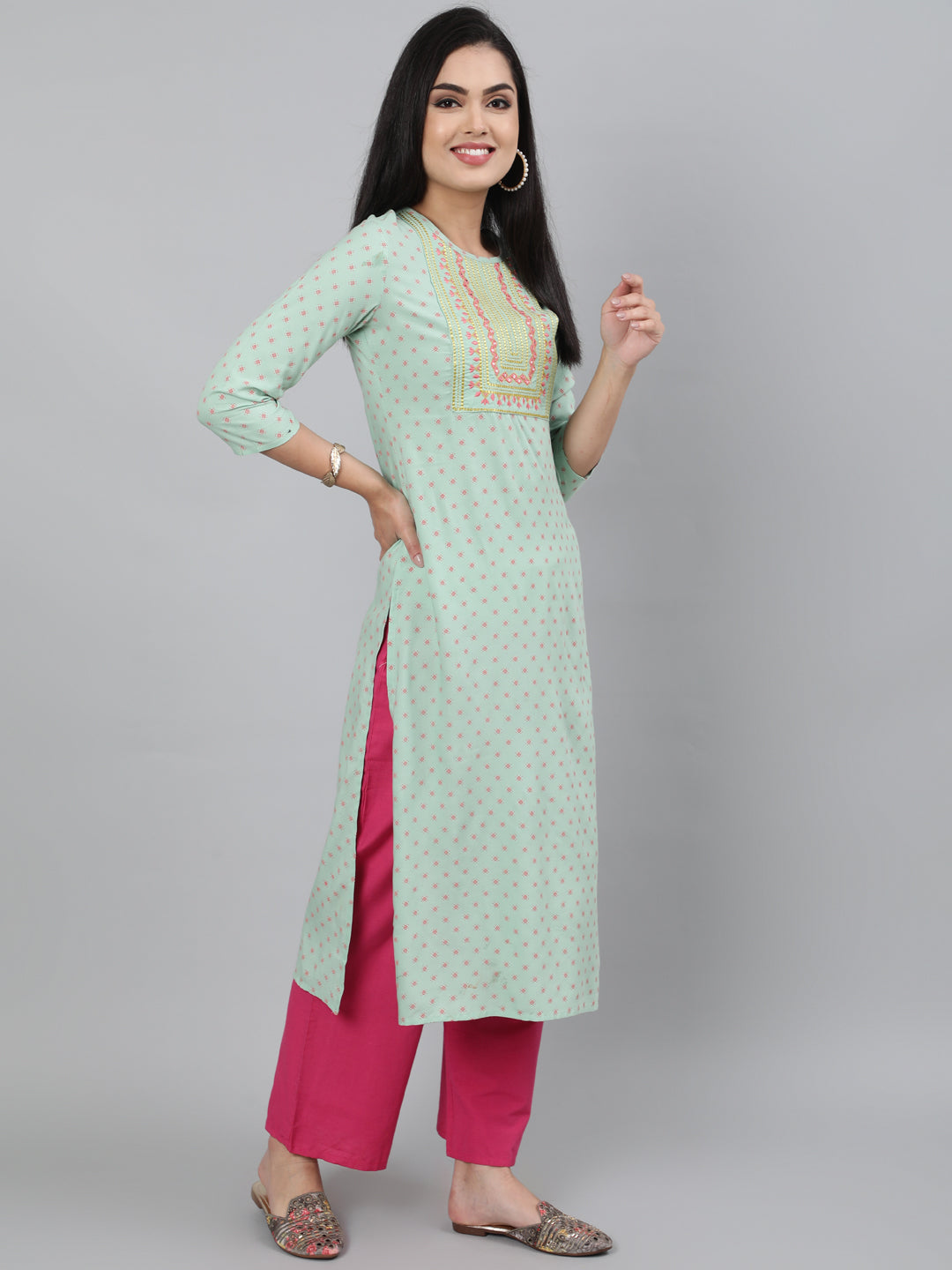 Rayon Olive Green Calf Length Straight 3/4 Sleeve Round Neck Embroidered Kurta