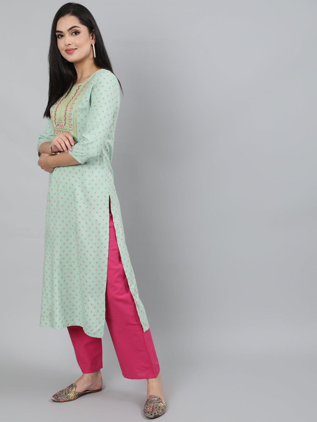 Rayon Olive Green Calf Length Straight 3/4 Sleeve Round Neck Embroidered Kurta