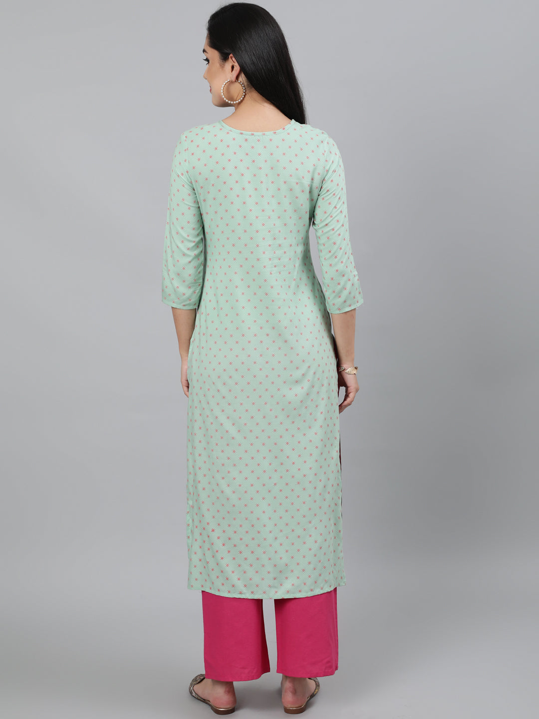 Rayon Olive Green Calf Length Straight 3/4 Sleeve Round Neck Embroidered Kurta