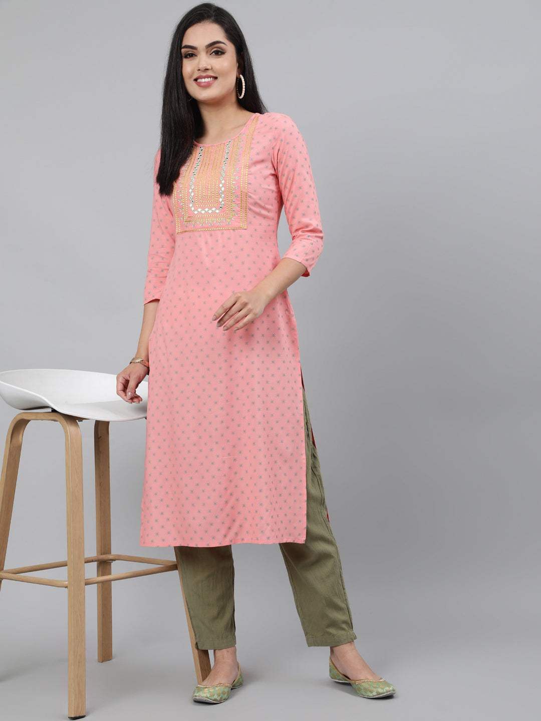 Rayon Peach Calf Length Straight 3/4 Sleeve Round Neck Embroidered Kurta