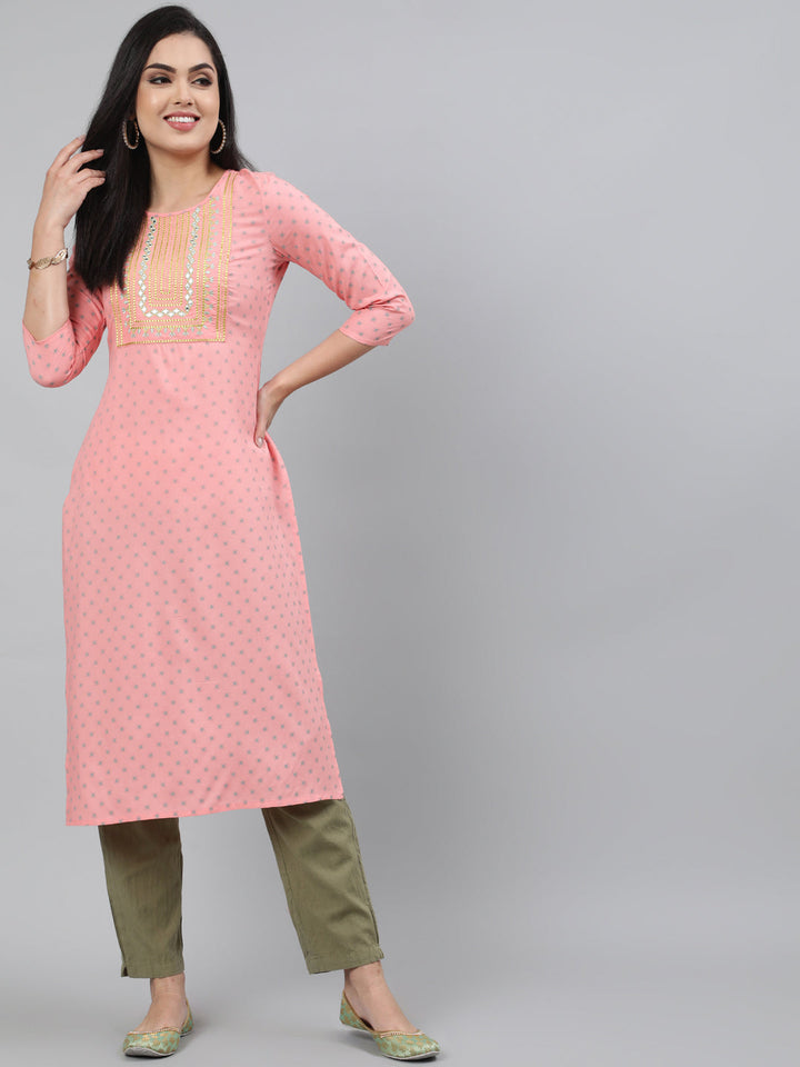 Rayon Peach Calf Length Straight 3/4 Sleeve Round Neck Embroidered Kurta