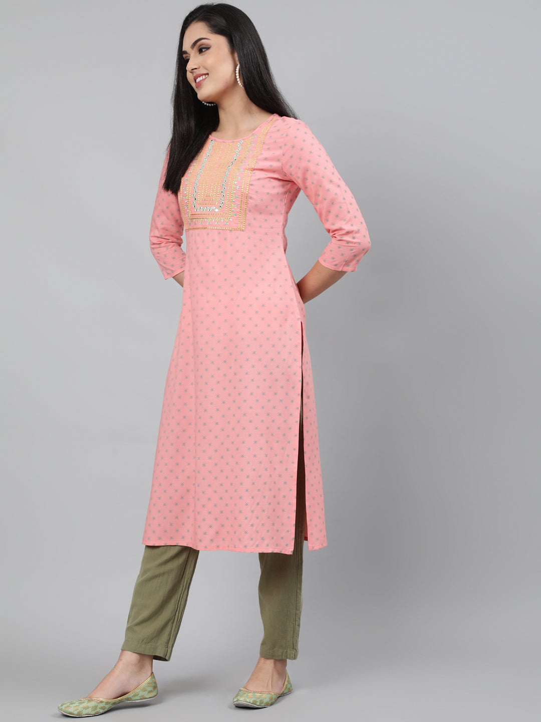 Rayon Peach Calf Length Straight 3/4 Sleeve Round Neck Embroidered Kurta