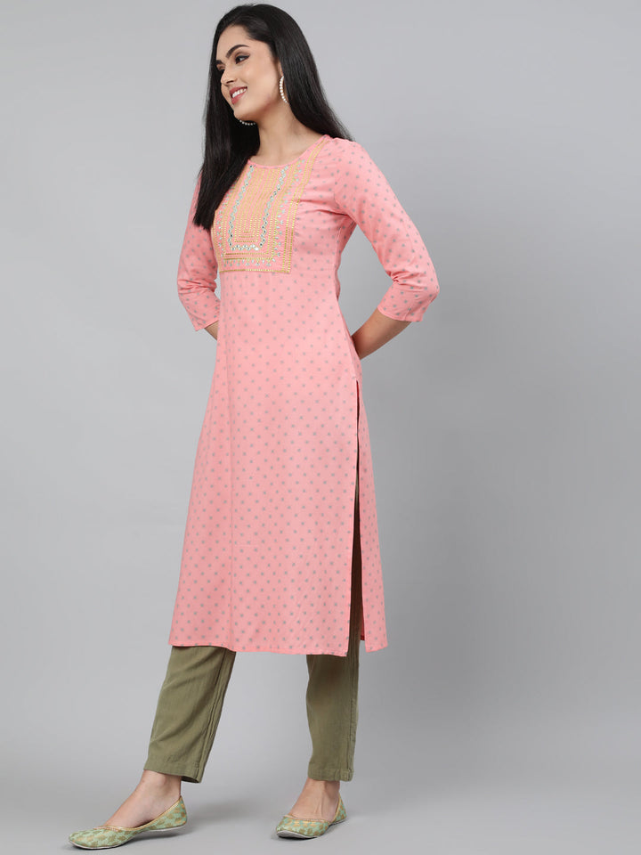 Rayon Peach Calf Length Straight 3/4 Sleeve Round Neck Embroidered Kurta
