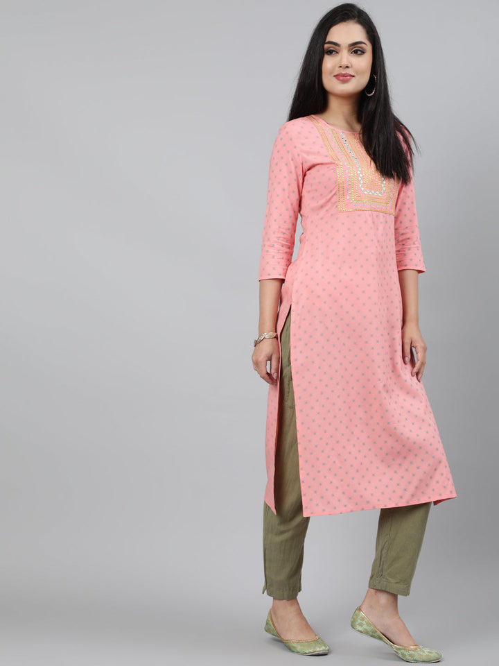 Rayon Peach Calf Length Straight 3/4 Sleeve Round Neck Embroidered Kurta