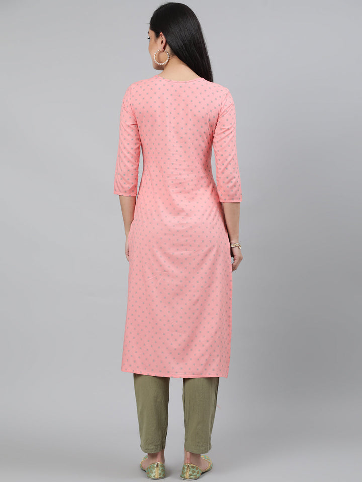Rayon Peach Calf Length Straight 3/4 Sleeve Round Neck Embroidered Kurta