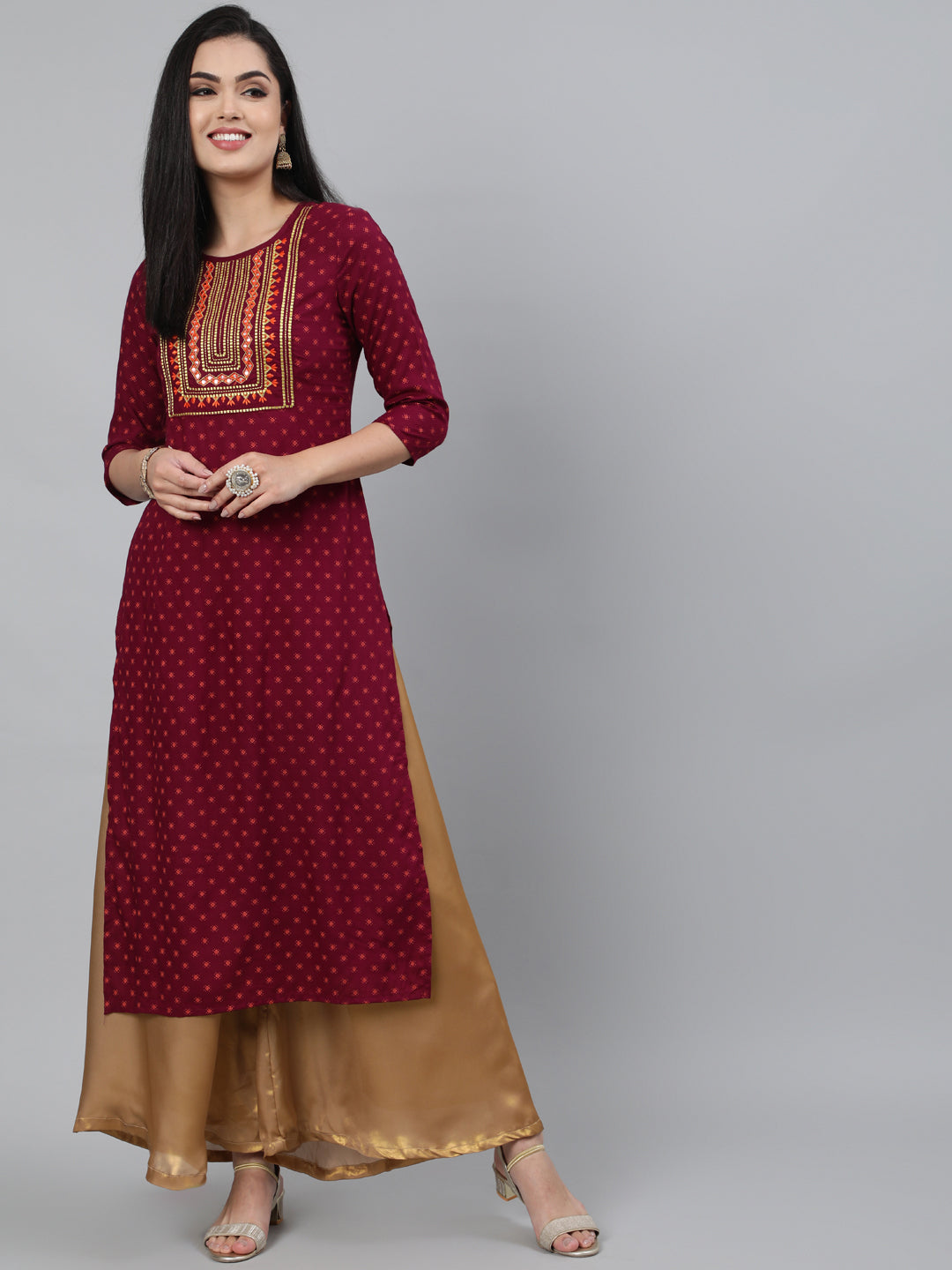 Rayon Wine Calf Length Straight 3/4 Sleeve Round Neck Embroidered Kurta