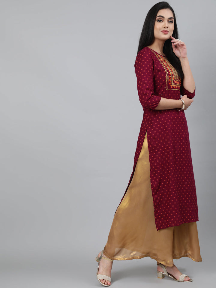 Rayon Wine Calf Length Straight 3/4 Sleeve Round Neck Embroidered Kurta