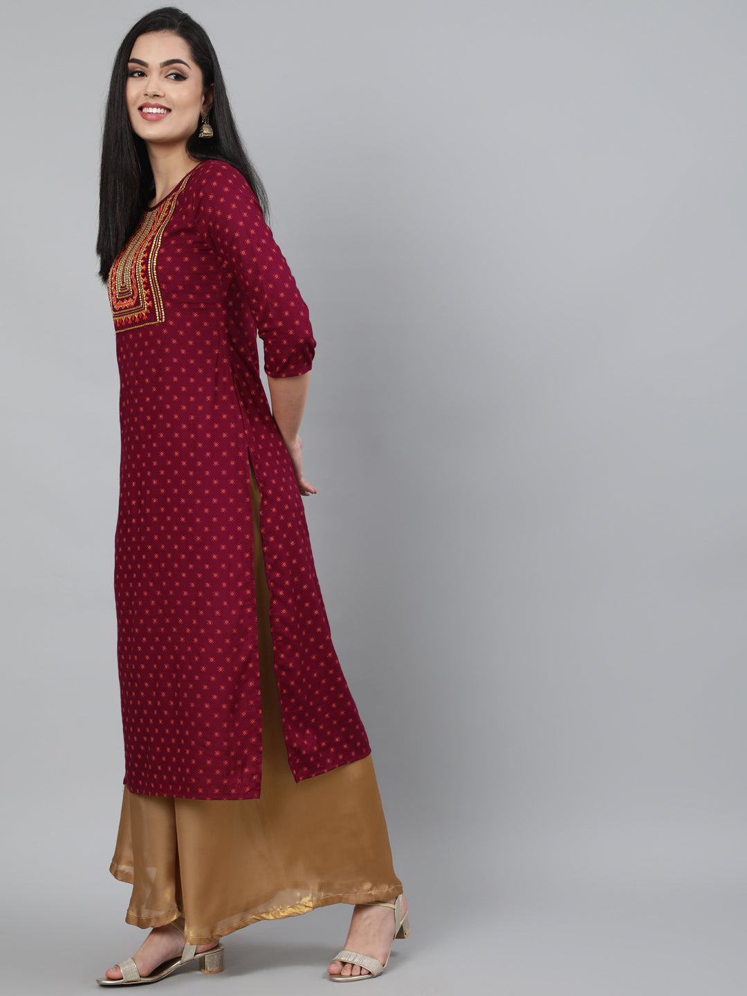 Rayon Wine Calf Length Straight 3/4 Sleeve Round Neck Embroidered Kurta