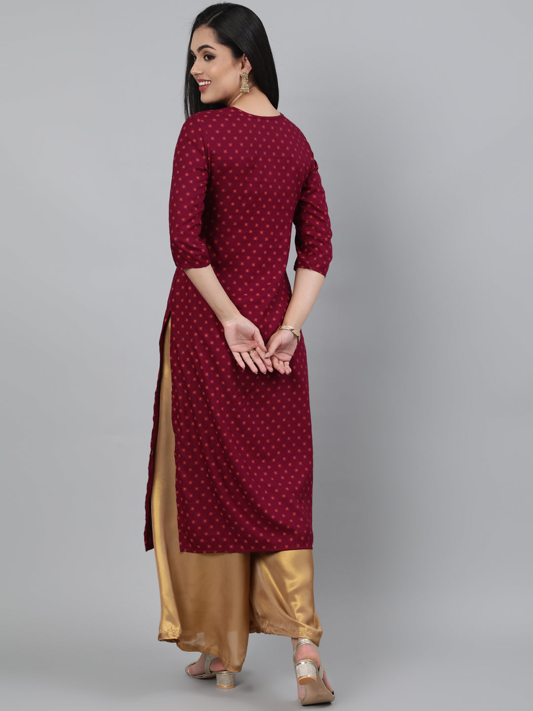 Rayon Wine Calf Length Straight 3/4 Sleeve Round Neck Embroidered Kurta
