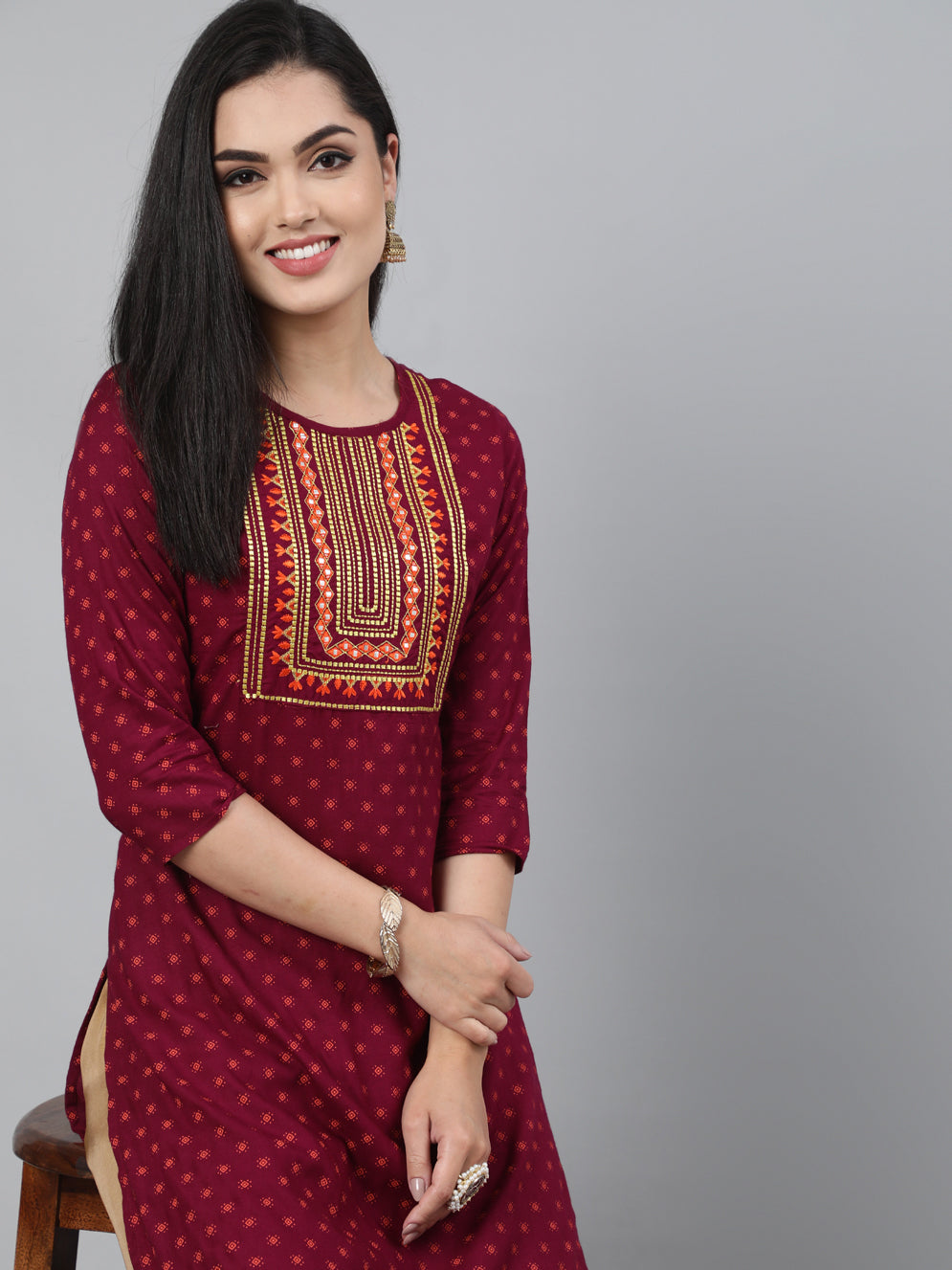 Rayon Wine Calf Length Straight 3/4 Sleeve Round Neck Embroidered Kurta