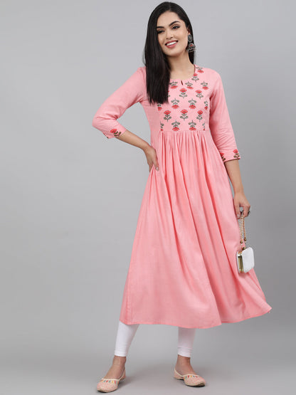 Rayon Baby Pink Calf Length A-Line 3/4 Sleeve Round Neck Embroidered Kurta