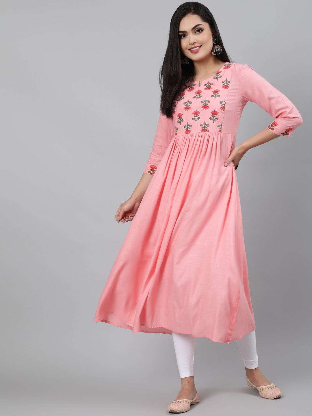 Rayon Baby Pink Calf Length A-Line 3/4 Sleeve Round Neck Embroidered Kurta