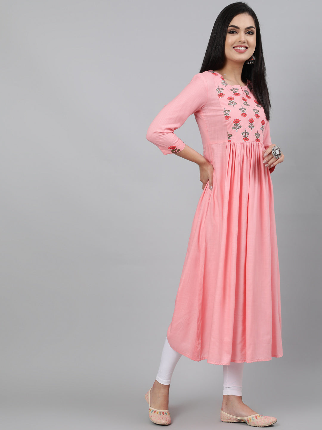 Rayon Baby Pink Calf Length A-Line 3/4 Sleeve Round Neck Embroidered Kurta
