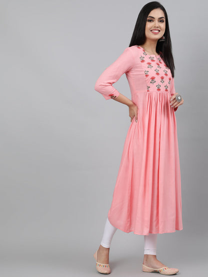 Rayon Baby Pink Calf Length A-Line 3/4 Sleeve Round Neck Embroidered Kurta